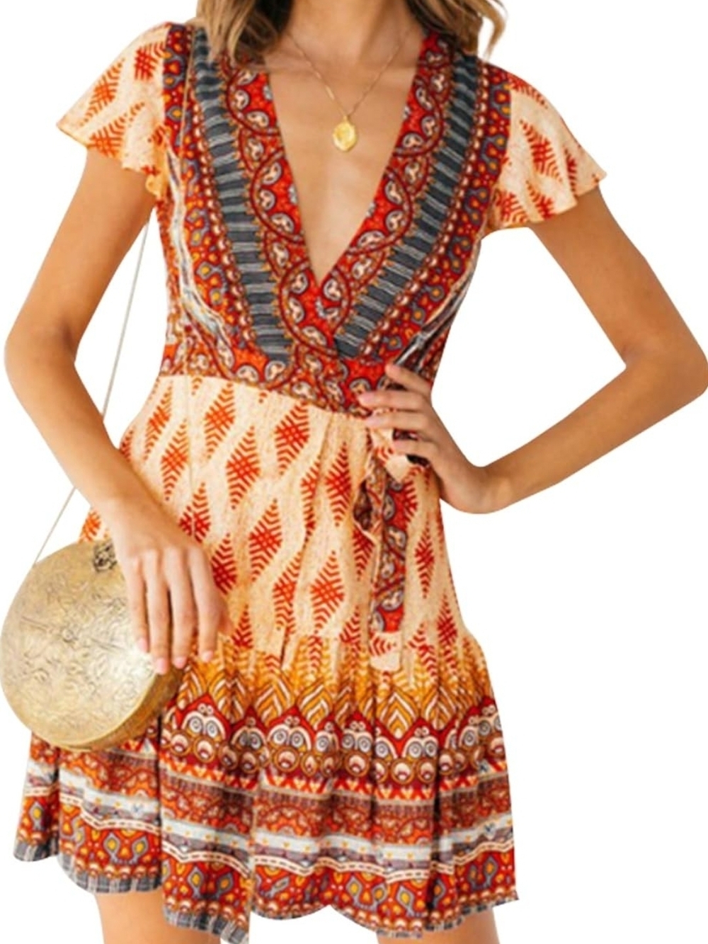 Boho V-Neck Orange Floral Wrap Mini Dress